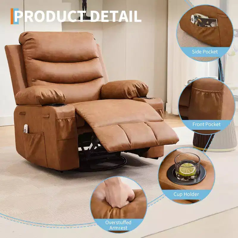 Sillón reclinable mecedor giratorio de 360° extragrande con masaje y calor: silla ergonómica de descanso con portavasos y bolsillos laterales para la sala de estar o el dormitorio infantil