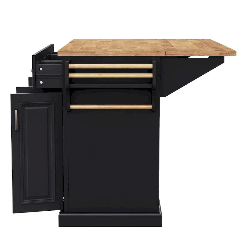 54  Large Kitchen Island with Rubber Wood Drop Leaf, Embossed Texture Rolling Kitchen Cart on 4 Wheels with 4 Doors & 3 Drawers