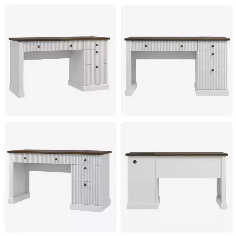 Geriffelter Stauraum-Schreibtisch fürs Homeoffice, moderner Chefschreibtisch mit 54 Zoll und Ladestation, Computertisch aus Holz mit Aktenschubladen fürs Arbeitszimmer
