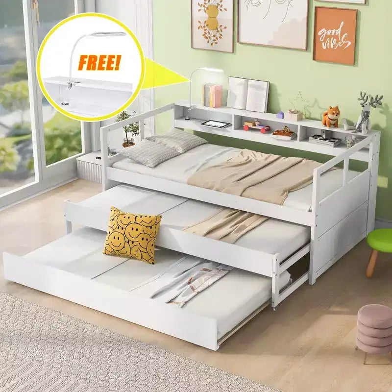 Whisen Twin XL Wood Daybed with 2 Trundles, 3 Storage Cubbies, 1 Light for Free and USB Charging Design
