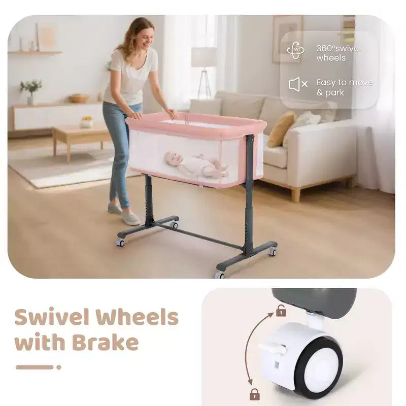 Babywiegje met wielen – beige / grijs / roze, wiegje naast het bed, voor 1 baby