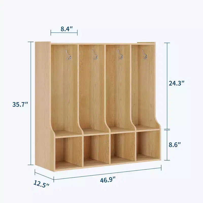 Braun-weißer Garderobenschrank mit 4 Fächern und 8 Haken für Kinder