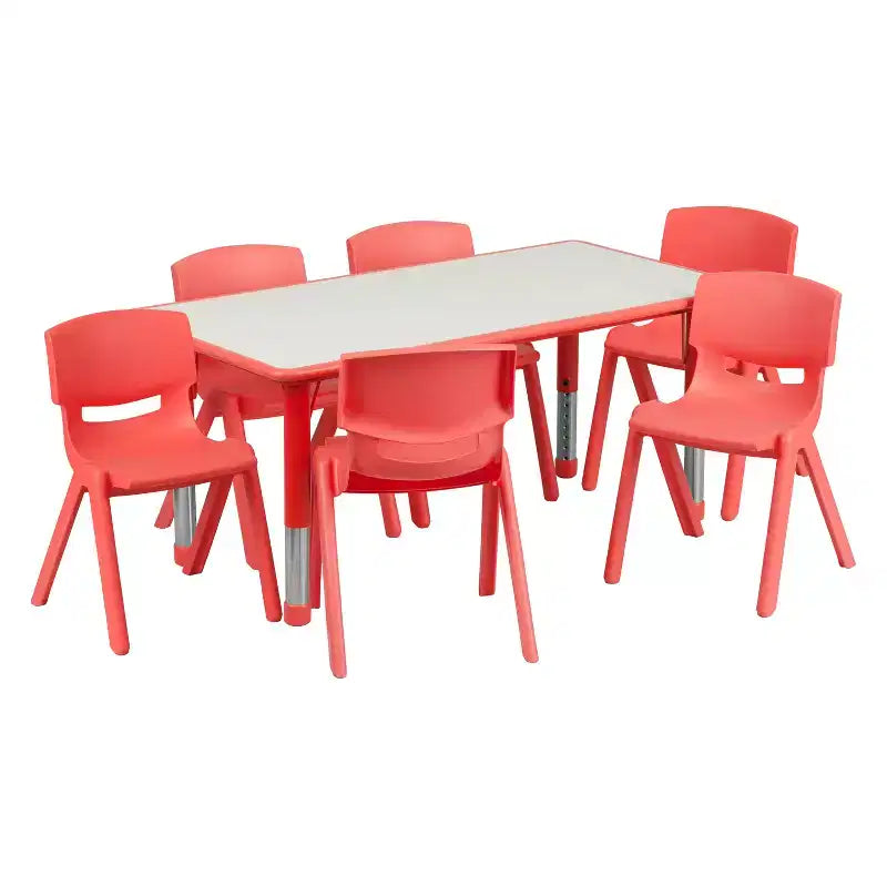 Emma and Oliver rechthoekige kunststof activiteitentafelset van 23,625W x 47,25L met verstelbare hoogte en 6 stoelen