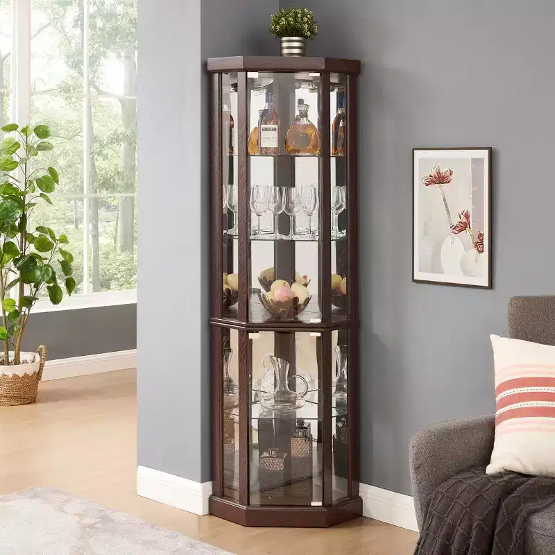 Hoekvitrinekast met glazen deuren en planken, hoekvitrine voor woonkamer