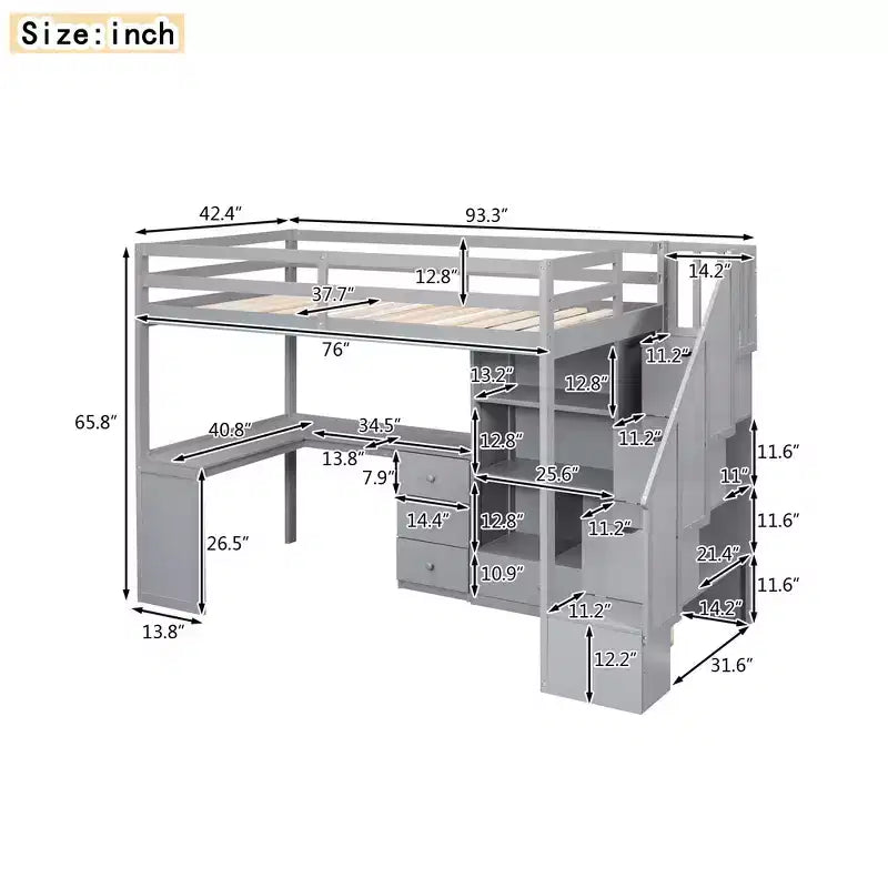 Twin Size Loft Bed with L-Shaped Desk, 3 Drawers, Cabinet, Staircase Storage, Solid Pine/MDF Build