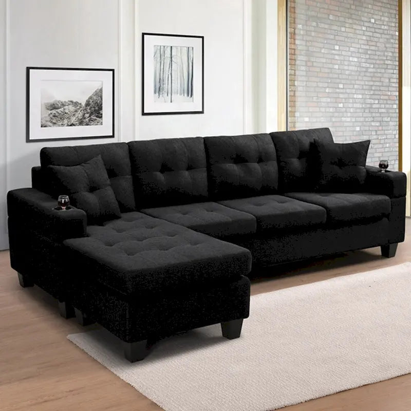 Modulaire hoekbank voor de woonkamer met L-vormige chaise longue en bekerhouder