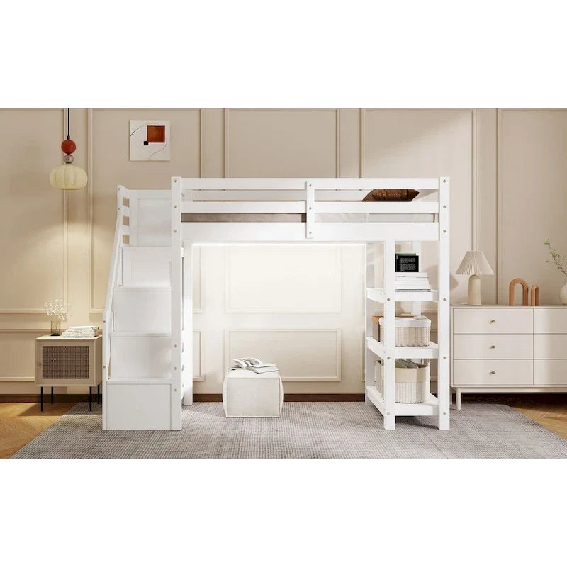 Hoch-/Etagenbett in Full-/Twin-Größe mit Stauraumtreppe – Regale, Kleiderschrank und LED-Beleuchtung, platzsparendes Design