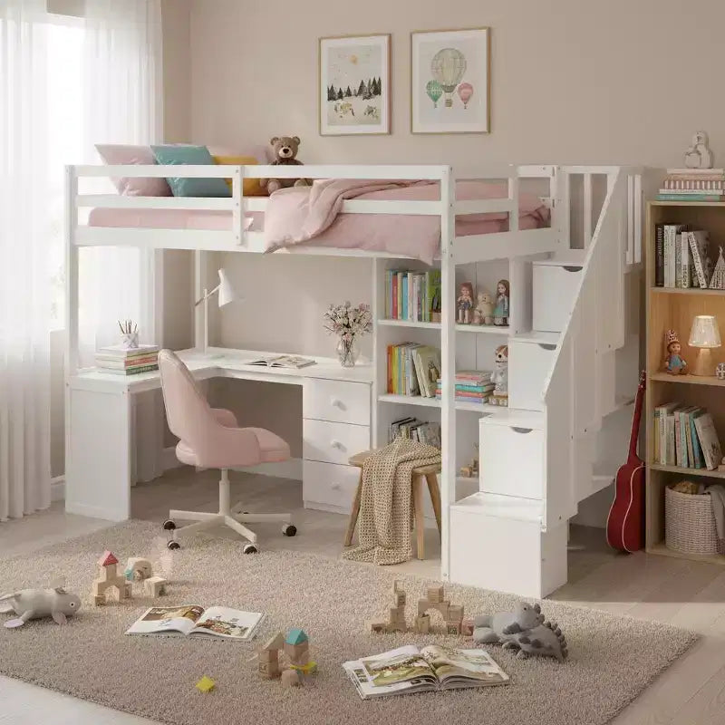 Hoogslaper voor een eenpersoonsbed met L-vormig bureau, 3 laden, kast, opbergruimte in de trap, massief grenen/MDF-constructie