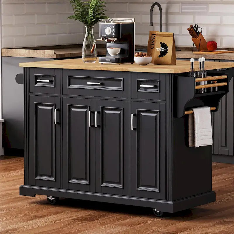 54  Large Kitchen Island with Rubber Wood Drop Leaf, Embossed Texture Rolling Kitchen Cart on 4 Wheels with 4 Doors & 3 Drawers