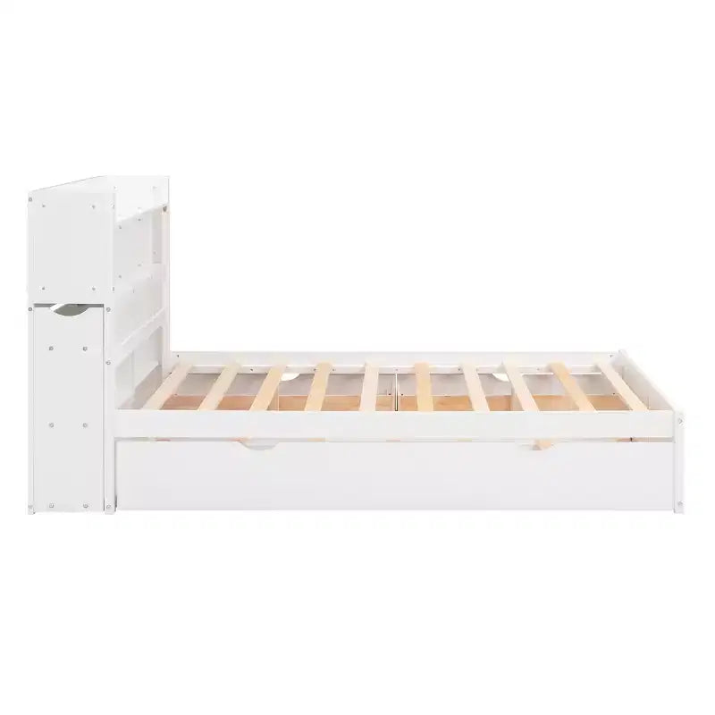 Eenpersoons platformbed met opbergruimte, uitschuifbed, boekenkasthoofdbord en oplaadstation, houten bedframe met planken en laden