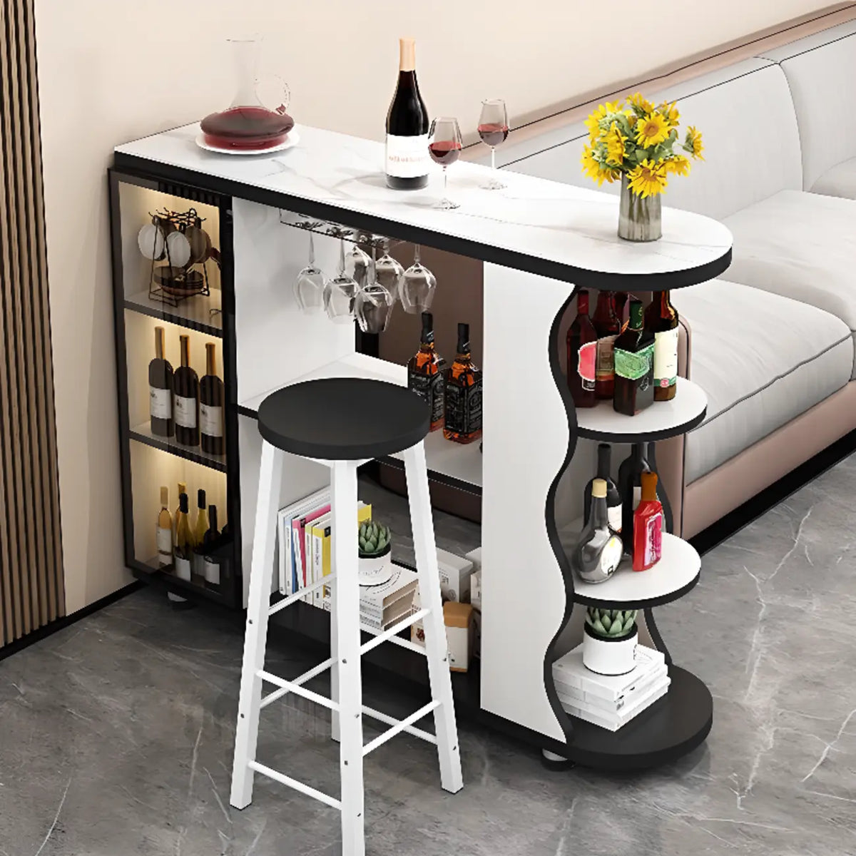 Modern Stone Top Freeform Bar Table with Storage for Home Bars