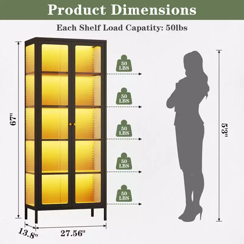 Bekrvio 67 inch hoge vitrinekast met glas aan 3 zijden en ledverlichting, 5 opberglagen met dubbele deuren en metalen frame voor verzamelobjecten, ideaal voor kleine ruimtes