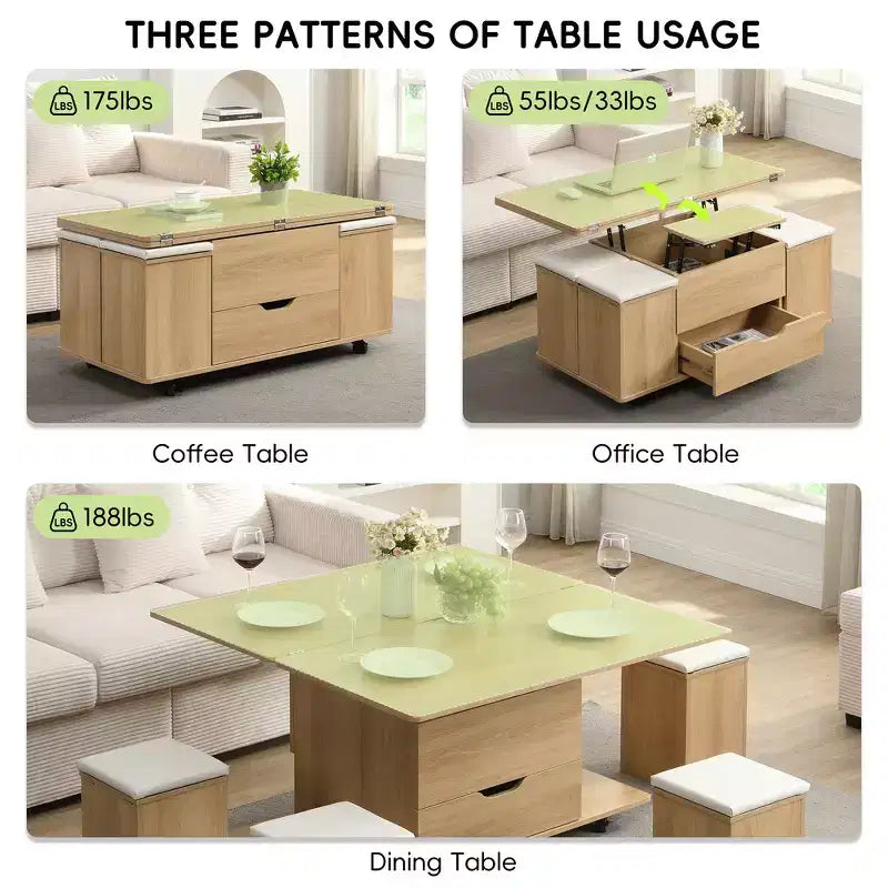 Table basse moderne multifonctionnelle relevable avec rangement dissimulé, 4 tabourets et roulettes, idéale pour les espaces de vie modernes
