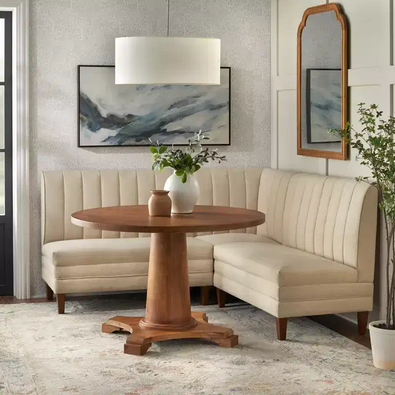 Lifestorey 4-teiliges Kerrington-Bankett-Esszimmer-Set mit Kanalsteppung, Walnuss/Creme: leinenähnlicher Stoff, Säulentisch