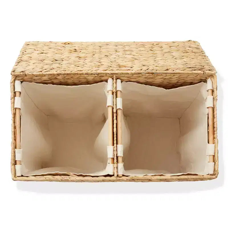 Casafield 2-Section Laundry Hamper with Lid and Removable Liner Bags, Woven Water Hyacinth Laundry Basket Sorter for Clothes