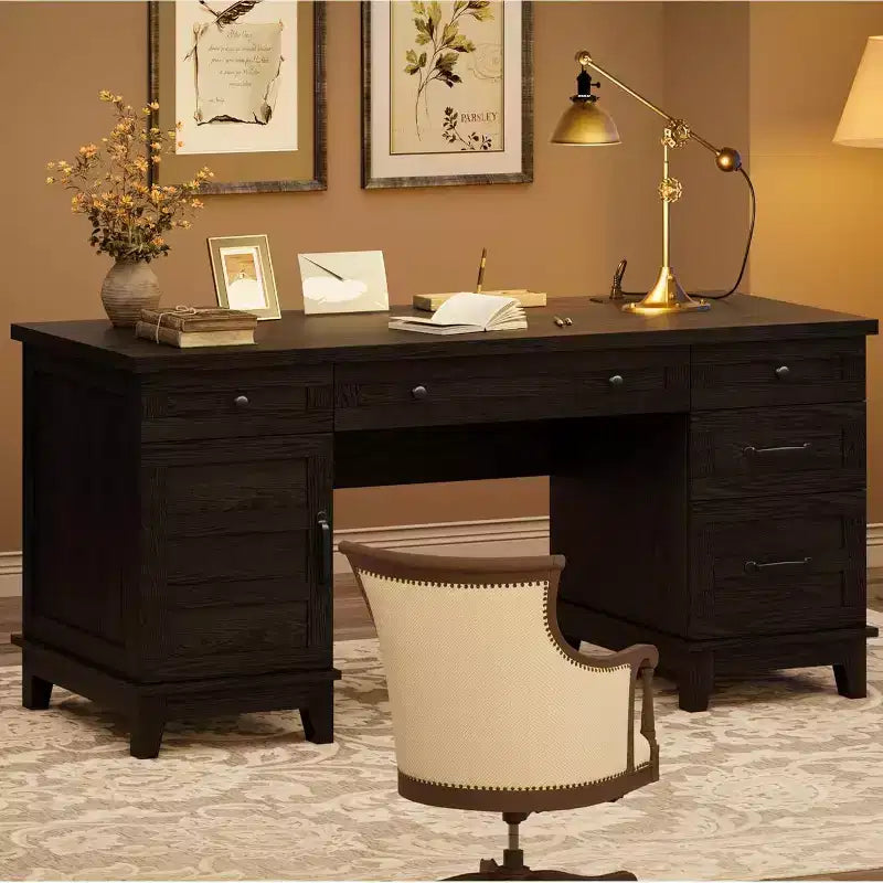 Bureau de direction de 60 po avec tiroirs, bureau à domicile avec station de recharge, bureau d’ordinateur et d’écriture en bois pour étude, table de conférence pour salon