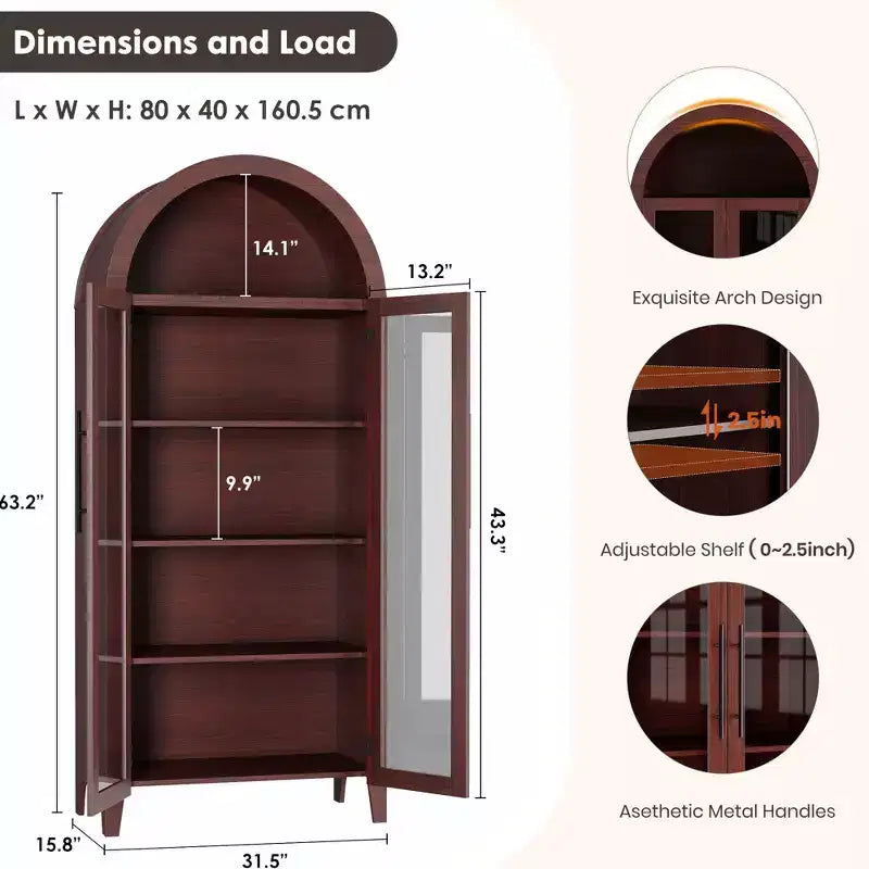 Mobiletto contenitore alto ad arco con ante in vetro, libreria espositiva a 5 ripiani con mensole regolabili per cucina o soggiorno