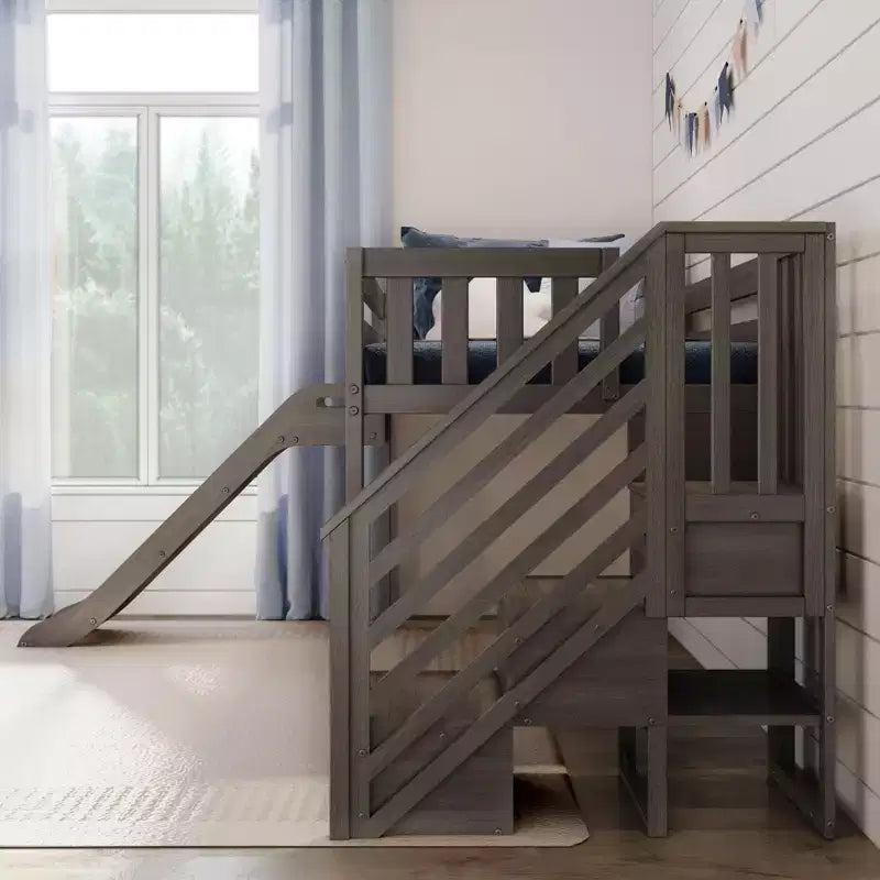 Letto basso rialzato singolo per bambini con scivolo e scaletta, in legno massello, 14 sponde di sicurezza, portata di 400 lb