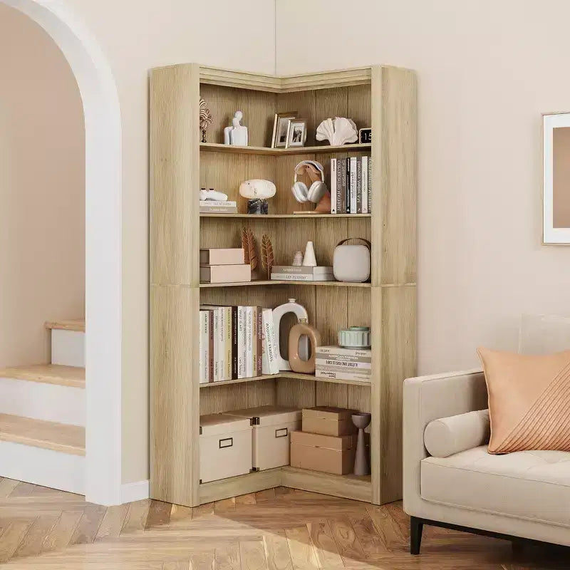 Siyah/Beyaz/Ahşap/Retro, L Şeklinde Köşe Kitaplığı, 5 Katlı, Tekli