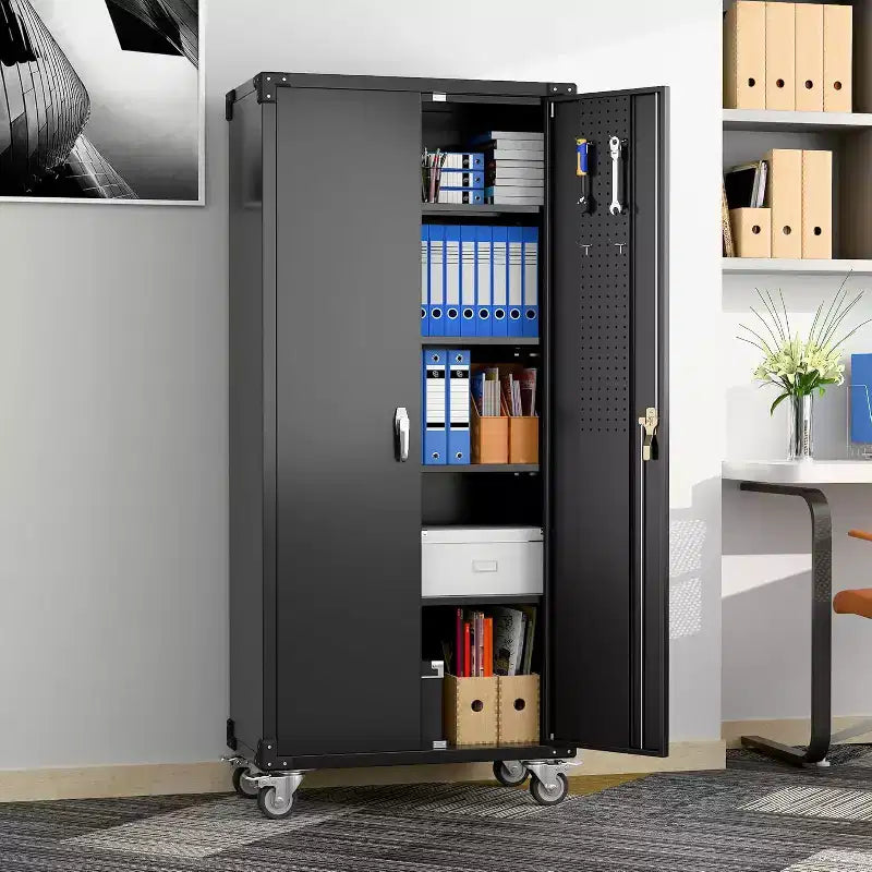 Garage Storage Cabinet with Wheels & Pegboard, 72 H Locking Metal Storage Cabinet with 2 Doors & 4 Adjustable Shelves for Garage Workshop