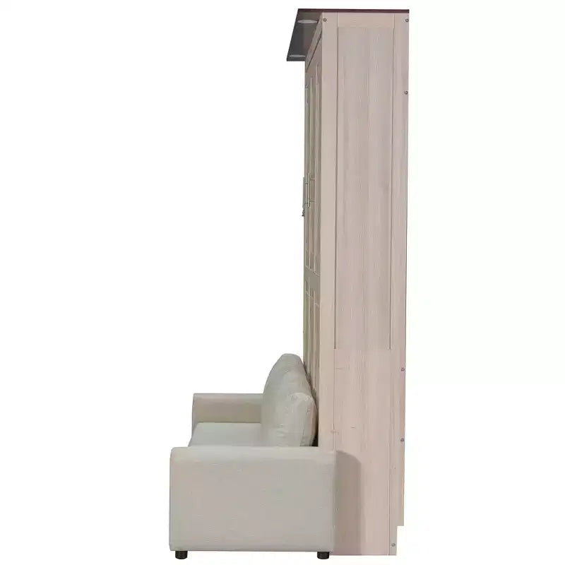 Murphy-bed in queensize met bank, houten kastbed in queensize met ledverlichting, opklapbaar wandbed voor de logeerkamer, beige