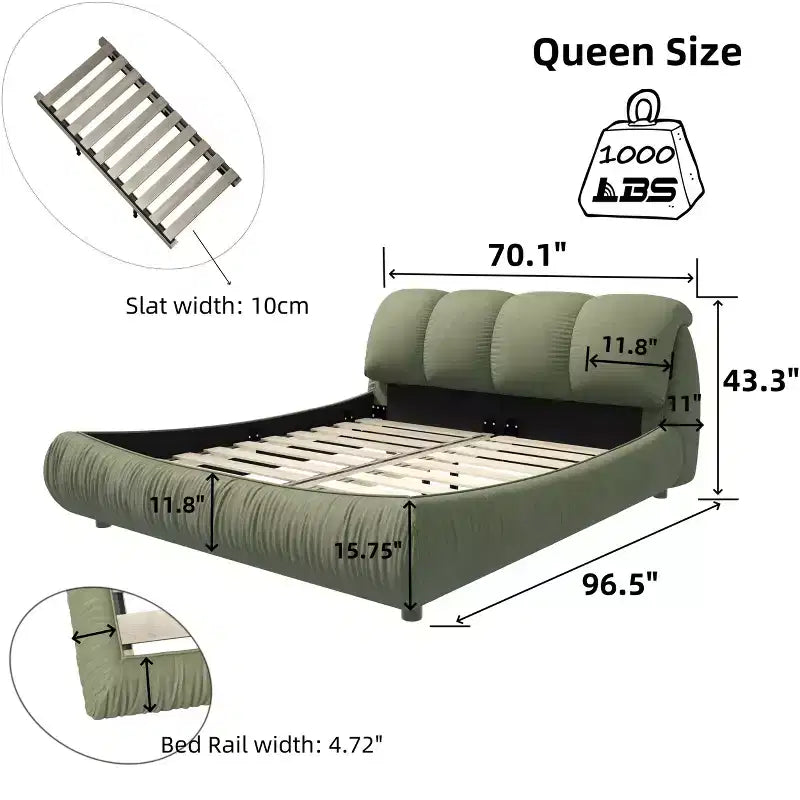 MAYEERTY luxuriöses Polsterbett in Queensize mit übergroßem gepolstertem Kopfteil und Massivholzrahmen, Grün