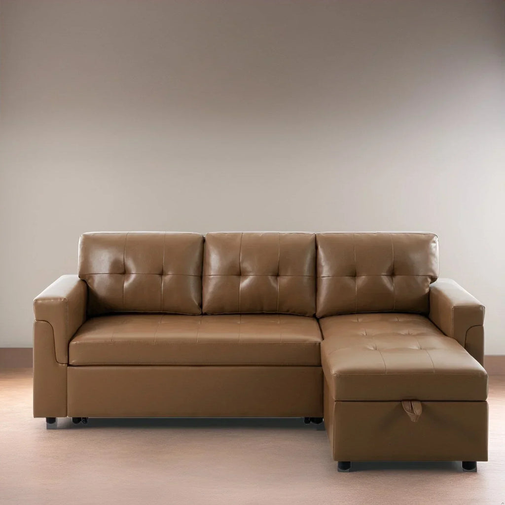 Divano componibile reversibile trasformabile con letto estraibile, chaise longue con contenitore nascosto e gambe resistenti