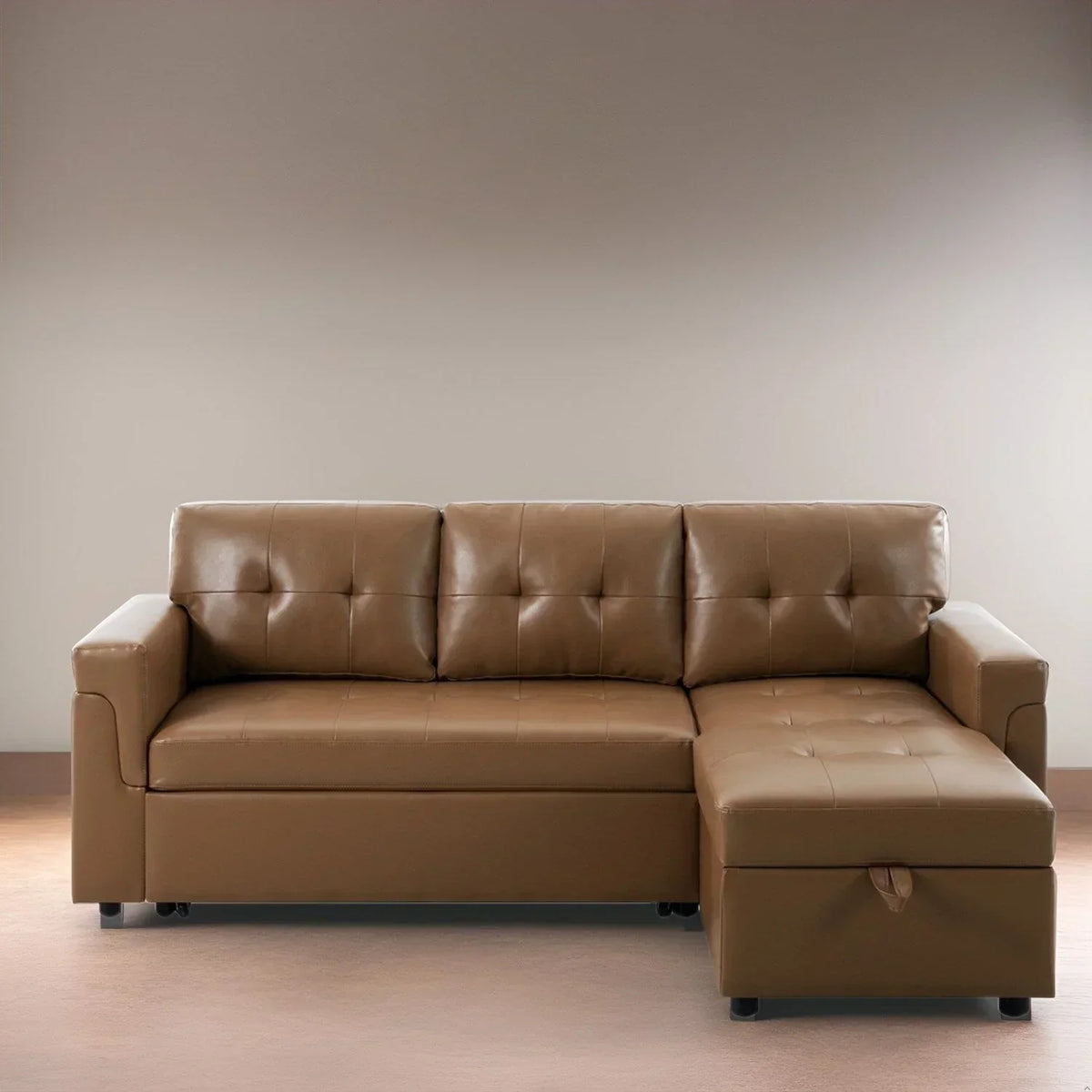 Divano componibile reversibile trasformabile con letto estraibile, chaise longue con contenitore nascosto e gambe resistenti
