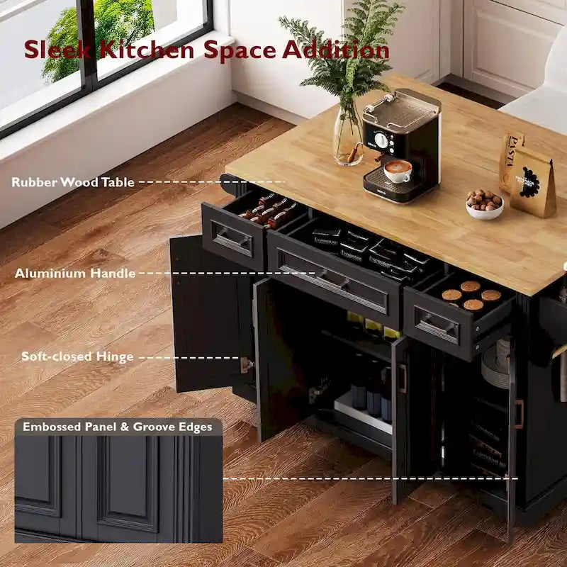 54  Large Kitchen Island with Rubber Wood Drop Leaf, Embossed Texture Rolling Kitchen Cart on 4 Wheels with 4 Doors & 3 Drawers