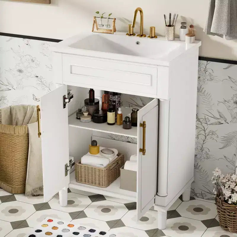 Mobile da bagno da 24 pollici con lavabo in ceramica, mobile in stile Shaker, 2 ante a chiusura ammortizzata, struttura in legno massello per bagno piccolo o bagno di servizio