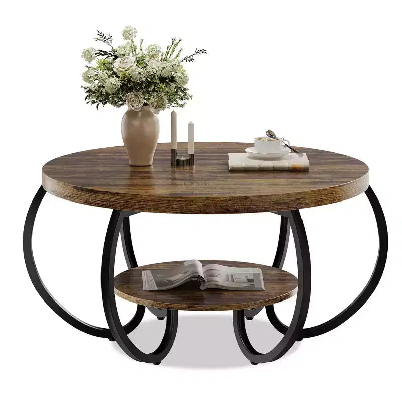 Table basse ronde industrielle de 30 pouces à 2 niveaux avec pieds réglables, étagère effet bois, motif de flammes, montage facile, salon