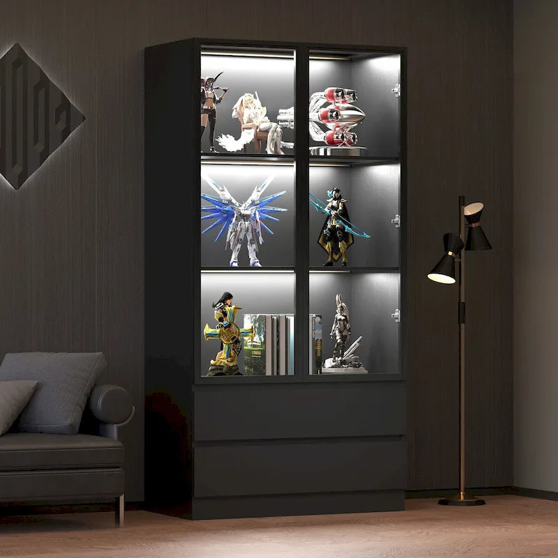 Vitrine de rangement, vitrine avec portes en verre trempé, présentoir avec 4 étagères de rangement