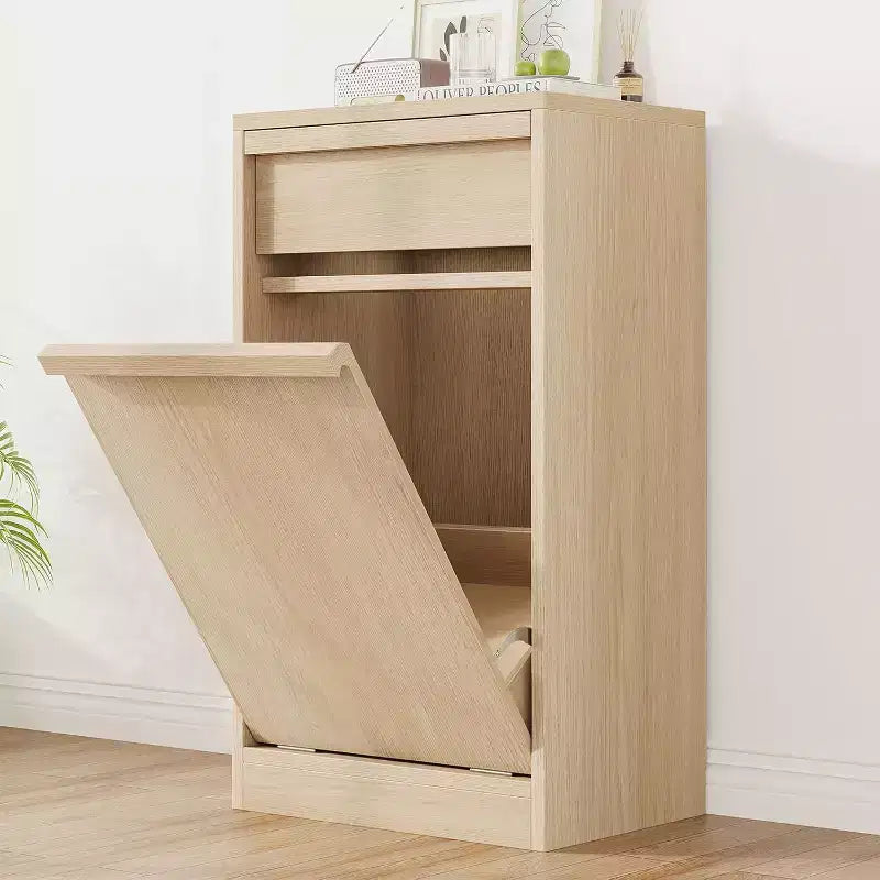 Tiltable Trash Can, Natural Oak, Trash Can with Storage and Drawer, Hidden Trash Cabinet, Laundry Basket for Kitchen, Dining Room, Living Room
