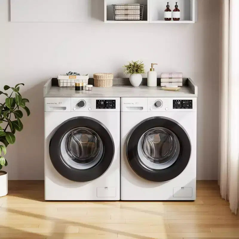 Aanrechtblad voor wasmachine en droger, wasruimteblad met opstaande rand en antislipmat voor opbergruimte voor wasmanden en organisatie van de wasruimte
