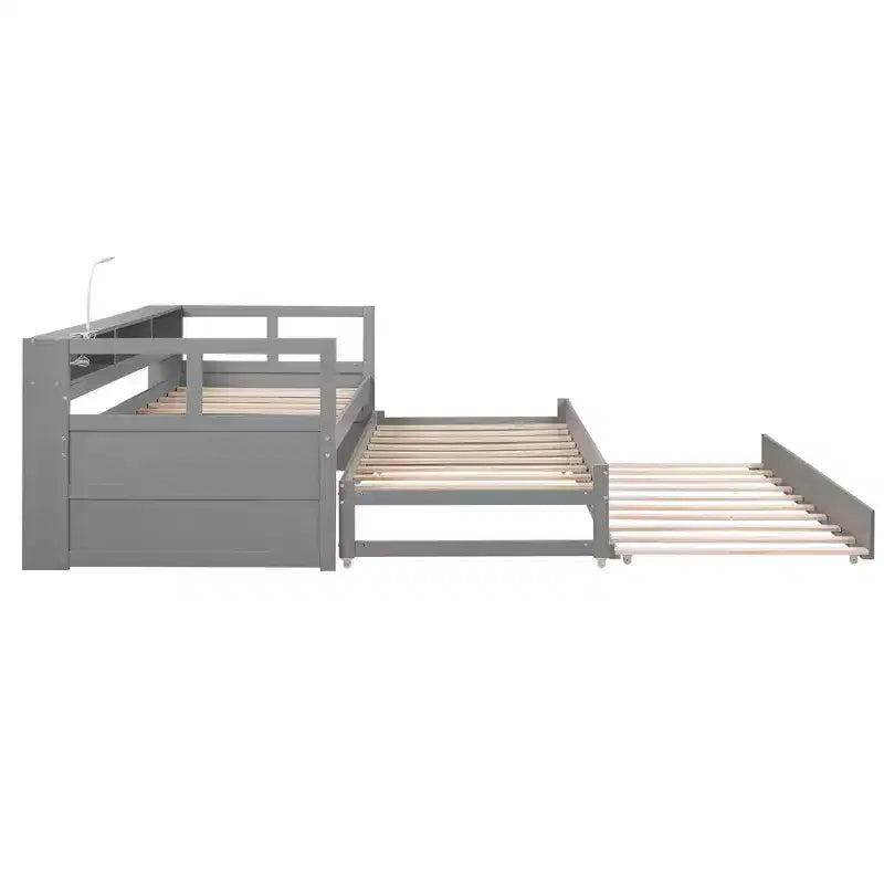Whisen Twin XL Wood Daybed with 2 Trundles, 3 Storage Cubbies, 1 Light for Free and USB Charging Design