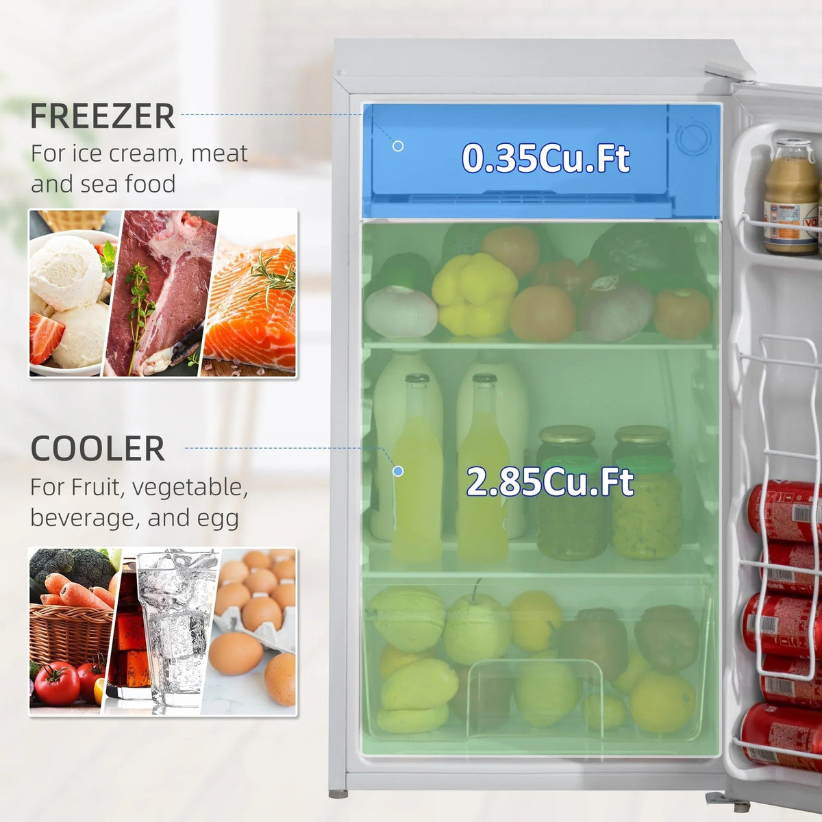 HOMCOM 3.2 Cu.Ft Mini Fridge with Freezer, Single Door Compact Refrigerator with Adjustable Thermostat for Bedroom
