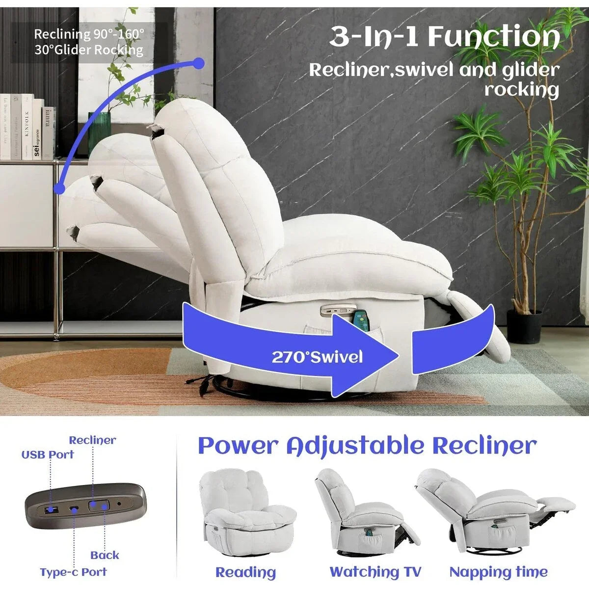 XINMICS draaibare elektrische relaxstoel, massagestoel met schommelstand, verwarming, USB, USB-C en zijvak