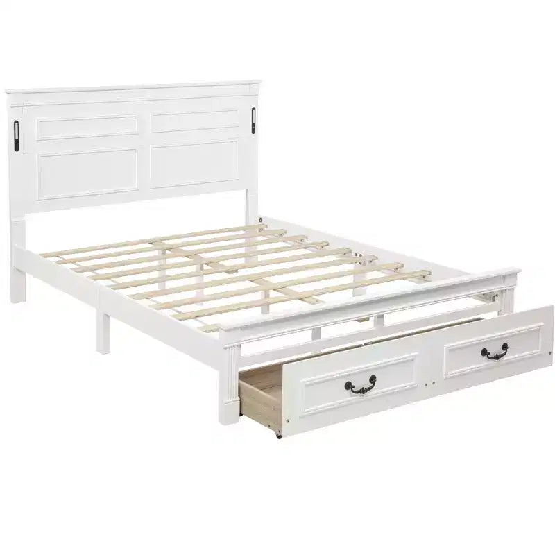 ModernLuxe platformbed voor eenpersoons- of tweepersoonsformaat met hoog hoofdbord, rustiek houten bedframe met 2 laden, ledverlichting en USB-poorten