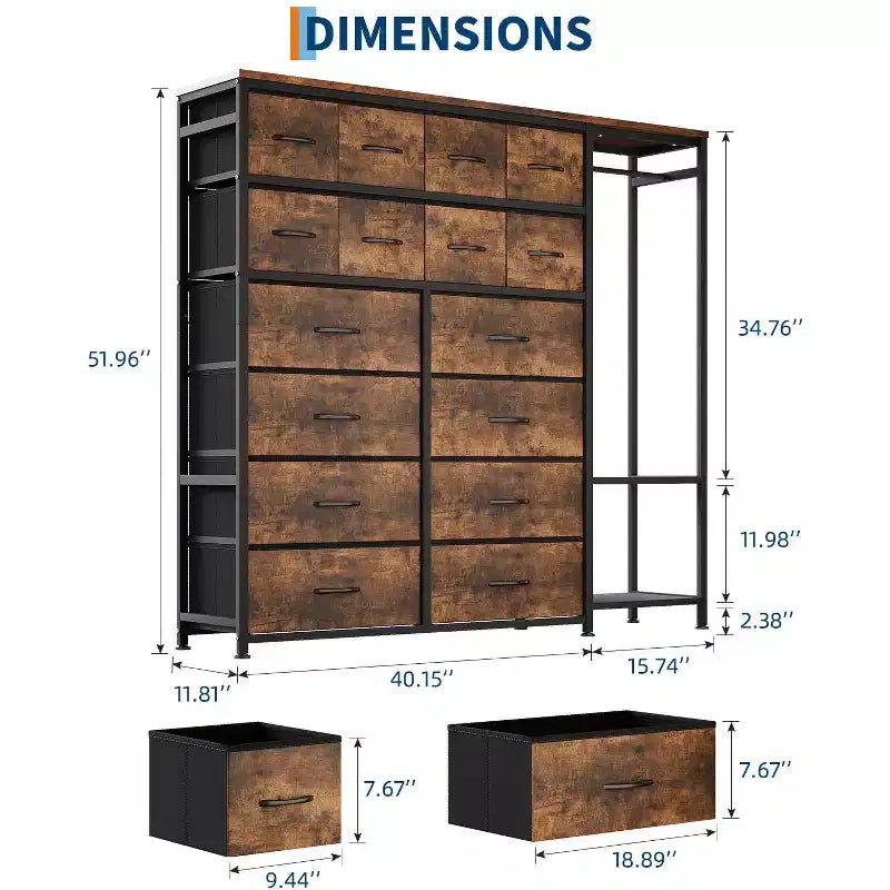 Dresser with 16 Drawers & Hanging Rod & Shelves, Fabric Storage Organizer for Bedroom, Closet, or Entryway