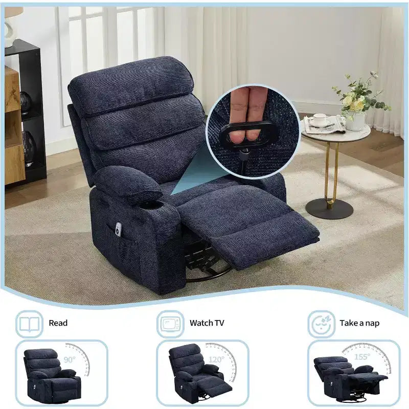 Massagesessel mit Wippfunktion und Wärme, um 360° drehbarer Gleitsessel für Erwachsene, Leinen-Sessel für das Kinderzimmer mit Seitentasche und zwei Getränkehaltern