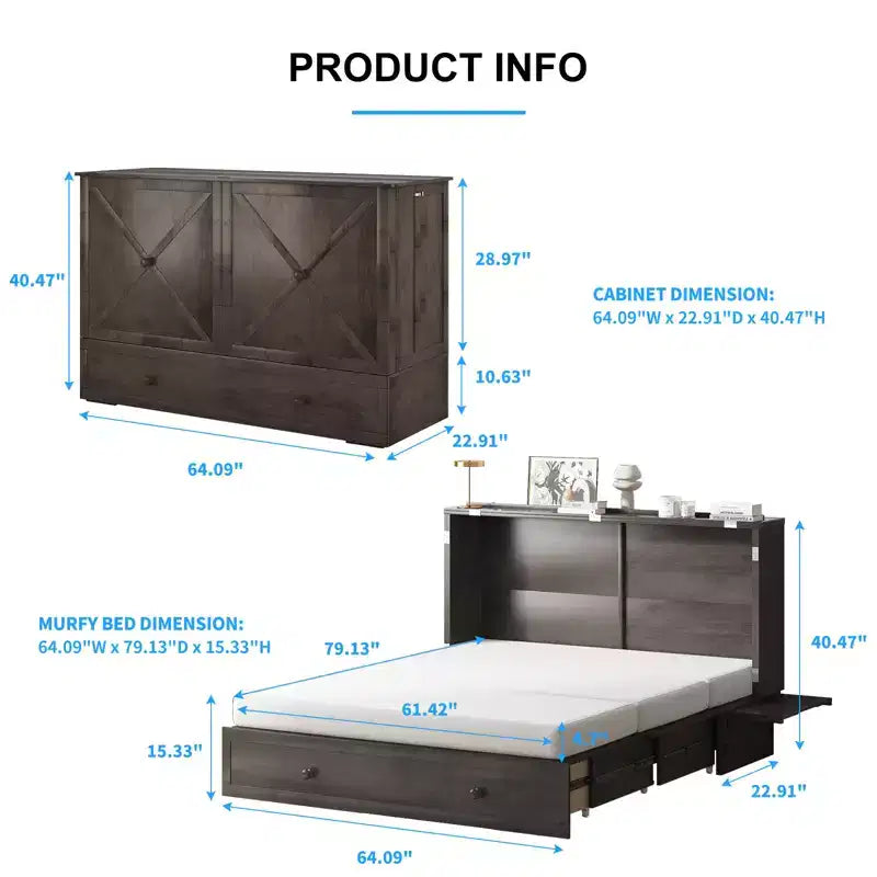 Cama abatible Mjkone tamaño queen, cama tipo armario cúbico con estación de carga y espacio de almacenamiento