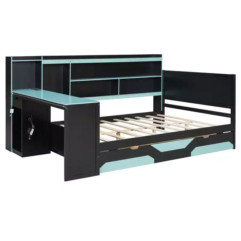Gamer-hubbedbank met bureau, RGB-verlichting, laadstation, opberglades en boekenkast-hoofdbord