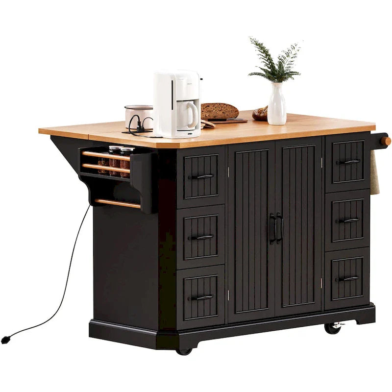 Expandable Drop-Leaf Kitchen Island, Kitchen Cart on 4 Wheels with Power Outlet, Moveable Island Table with 2 Door & 6 Drawers