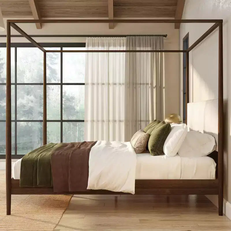 Letto king-size a baldacchino Harbor con testiera imbottita, biondo/Caffè svizzero (MD2411-01)