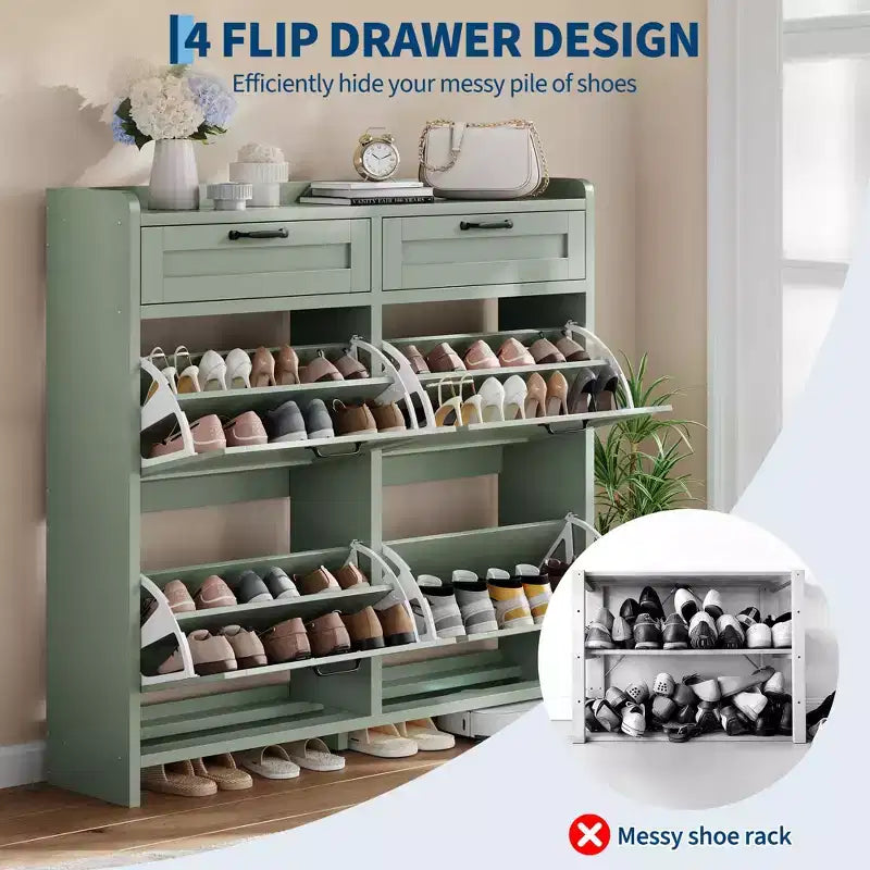 Shoe Cabinet with 4 Flip Drawers & 2 Top Drawers, Wooden Shoe Organizer Cabinet with Adjustable Shelf, Freestanding Shoe Storage Cabinets