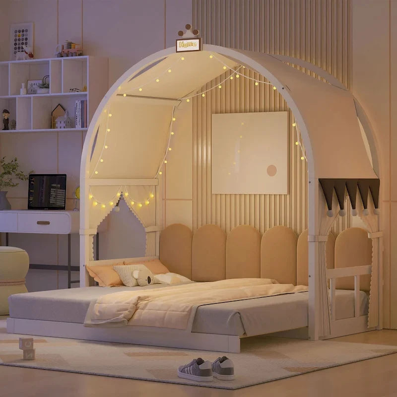 Montessori-Plattformbett aus Massivholz im Spielhausstil mit Bogendach und Ausziehbett für Mädchen und Jungen