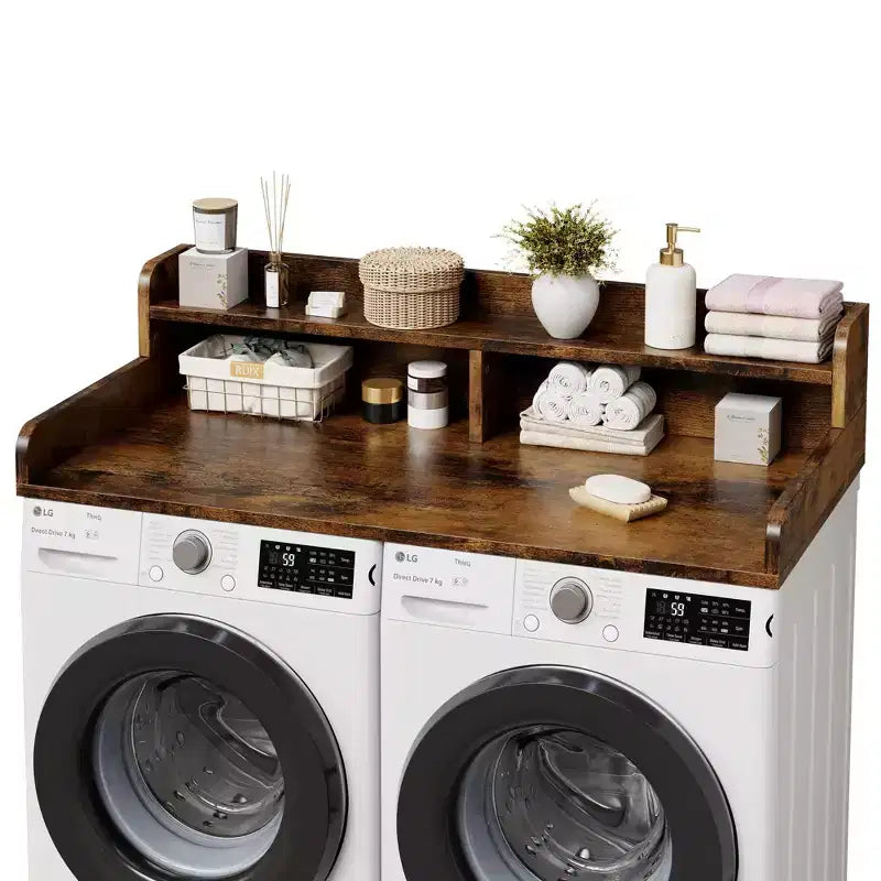 Houten opzetblad voor wasmachine en droger, 54 inch aanrechtblad voor de wasruimte met opbergplank met 2 niveaus, antislip werkoppervlak met opstaande randen voor een georganiseerde wasruimte