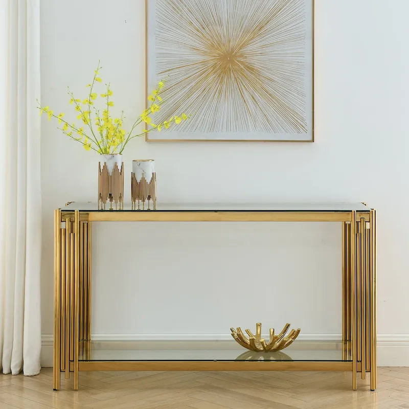 Console étroite à 2 niveaux avec structure en métal finition dorée et plateau en verre trempé