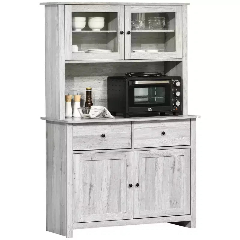 HOMCOM 63.5 Kitchen Buffet with Hutch, Pantry Storage Cabinet with 4 Shelves, Drawers, Framed Glass Doors, Open Microwave Countertop
