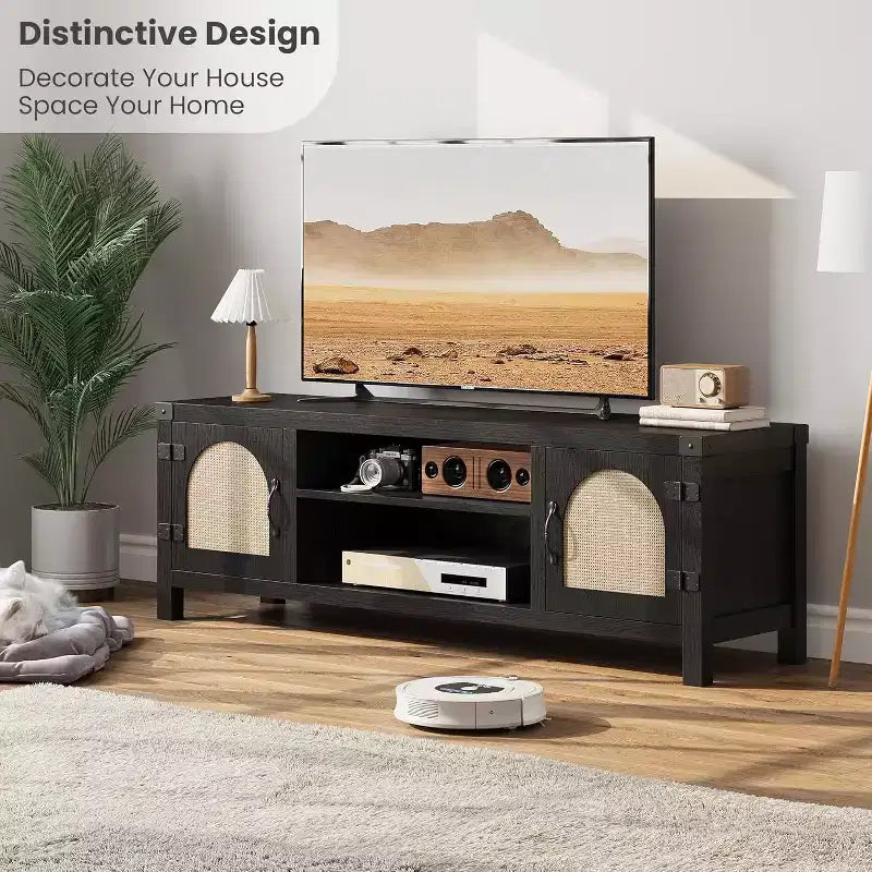 165 cm breiter TV-Schrank im Boho-Stil mit Flechttür – Unterhaltungsschrank aus Holz mit zwei Schränken und verstellbaren Einlegeböden, geeignet für Wohnzimmer